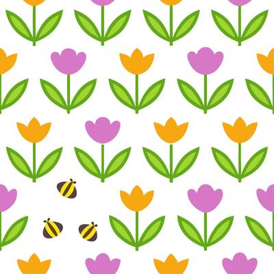 Vibrant Easter tulips and bees seamless tile pattern with lively spring elements