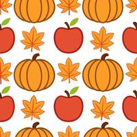 Vibrant autumn harvest seamless tile pattern with pumpkins apples and colorful leaves vector