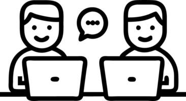 Two smiling professional business people talking using laptop computer working in office happy colleagues or entrepreneurs team man and woman discussing corporate technology at wor vector