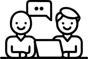 Two professional business colleagues smile while discussing corporate technology using laptop in office environment as entrepreneurs or team members Set 7 vector