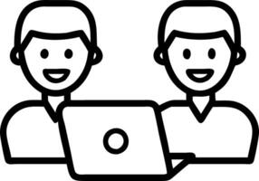 Two professional business colleagues smile while discussing corporate technology using laptop in office environment as entrepreneurs or team members Set 5 vector