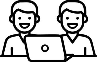 Two professional business colleagues smile while discussing corporate technology using laptop in office environment as entrepreneurs or team members Set 2 vector
