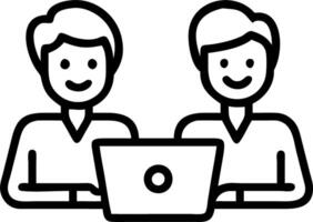 Two professional business colleagues smile while discussing corporate technology using laptop in office environment as entrepreneurs or team members vector