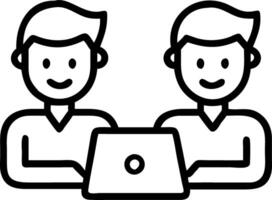 Two professional business colleagues smile while discussing corporate technology using laptop in office environment as entrepreneurs or team members Set 3 vector
