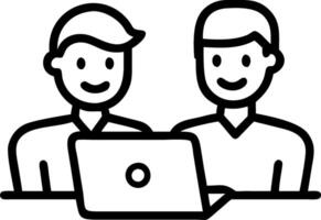 Two professional business colleagues smile while discussing corporate technology using laptop in office environment as entrepreneurs or team members Set 4 vector