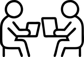 Two happy busy business colleagues having conversation at corporate meeting business team people having discussion planning sales financial strategy in company using tablet working vector