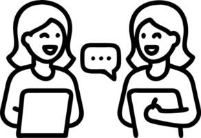 Two happy business women of young and middle age talking standing in creative green office space Smiling professional ladies employees colleagues having conversation using digital vector