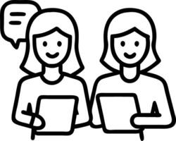 Two happy business women of young and middle age talking standing in creative green office space Smiling professional ladies employees colleagues having conversation using digital Set 2 vector