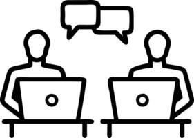 Two diverse professional male employees using laptops talking collaborating on project sharing ideas at office desk vector