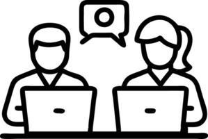 Two busy professional businesspeople working in office with computer middle aged female executive manager talking to male colleague discussing software online solutions on laptop vector