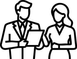 Two busy older professional corporate business executives man and woman wearing suits holding tablet technology device having discussion working on digital project plan standing in Set 2 vector