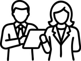 Two busy older professional corporate business executives man and woman wearing suits holding tablet technology device having discussion working on digital project plan standing in vector