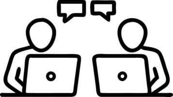 Two busy happy diverse male employees using laptops computers talking in office Professional young business men workers team having conversation working on project sharing ideas s Set 7 vector