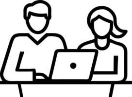 Two busy colleagues working together talking using laptop in office middle aged Latin female manager teaching young male worker looking at computer discussing business plan at offi vector