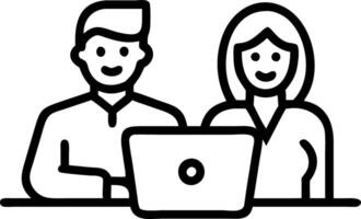 Two busy business team people using laptop computer working together sitting at office meeting happy young woman and mature man entrepreneurs executives smiling at work talking in vector
