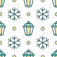 Twinkling snowflake and lantern seamless tile pattern with glowing winter accents vector