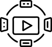 Streaming Play Button A holographic play button surrounded by multimedia elements representing streaming play functionality in digital media vector