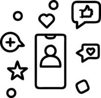 Stylish influencer using a smartphone in trendy environment surrounded by digital icons of likes comments and follows social media background vector