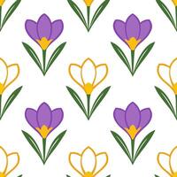 Spring crocus seamless tile pattern with bright purple yellow and white blooms for fresh spring vibes vector