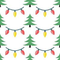 Sparkling Christmas lights and snow covered pine trees seamless tile pattern with festive glow vector