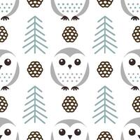 Snowy owl and pine cone seamless tile pattern with winter forest elements vector