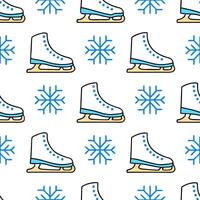 Snowflake and ice skates seamless tile pattern with dynamic winter sports elements vector