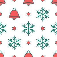 Snowflake and holiday bells seamless tile pattern with sparkling winter accents and festive tones vector