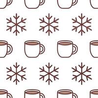 Snowflake and hot beverage seamless tile pattern with cozy winter elements and warm colors vector