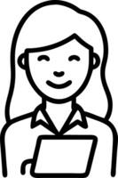 Smiling young Asian businesswoman leader holds digital tablet while standing in office using corporate technology professional executive manager or saleswoman portrait vector