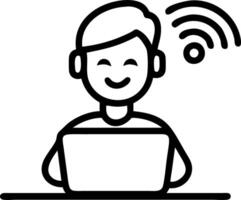 Smiling young man with wireless headset studies e learning on laptop in library taking notes watching webinar online course call vector
