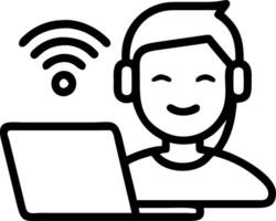 Smiling young man with wireless headset studies e learning on laptop in library taking notes watching webinar online course call Set 2 vector
