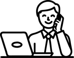 Smiling mid aged CEO in blue suit sits in office using cellphone solutions professional executive holding mobile working at desk with laptop and smartphone vector