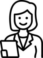 Smiling mature businesswoman bank manager and female executive holds digital tablet while standing in office looking away with copy space for additional elements vector