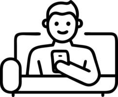 Smiling happy mature middle aged man holding cell mobile phone using smartphone sitting at home on couch scrolling social media checking financial apps buying online looking at cam vector