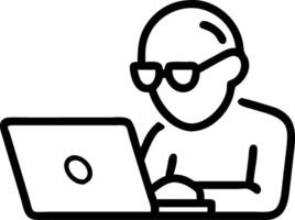 Serious mature man with eyeglasses uses laptop at home engaging in hybrid working online learning browsing web searching online technology vector