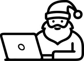 Santa Claus in costume uses laptop with blank mockup screen sitting at workshop table on Merry Christmas Eve representing e commerce website ads concept vector
