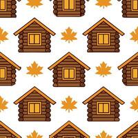 Rustic wooden cabin seamless tile pattern with warm lights and autumn foliage vector