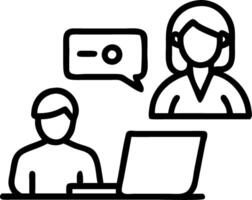 Professional happy middle aged businesswoman manager explains corporate software via e learning webinar helping young employee with busy colleagues using laptops and talking in off vector
