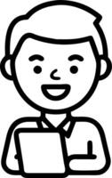 Portrait of young Black business man manager uses tablet computer happy African businessman professional employee or student looks at camera while holding tablet device and working vector