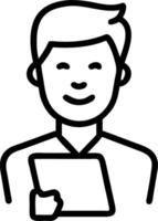 Portrait of smiling male company worker employee project manager or entrepreneur in office Happy young professional Latin business man looking at camera standing at work using tab vector