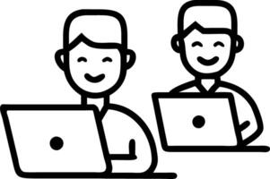 Portrait of professional young happy African business man IT developer works with colleague in office two diverse employees team use laptops and computer technology at work concept vector