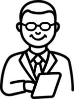 Portrait of happy smiling 45 years old business man executive standing in office using digital tablet middle aged businessman manager wearing suit glasses working on professional f vector