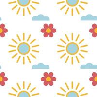 Playful spring sunshine seamless pattern with bright rays and whimsical clouds for fun energetic designs Set 2 vector