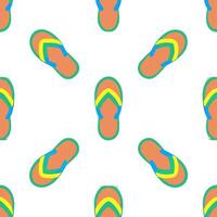 Playful summer flip flops seamless tile pattern with colorful beach footwear scattered on sand vector