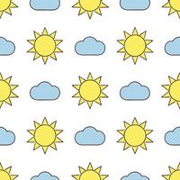 Playful spring sunshine seamless pattern with bright rays and whimsical clouds for fun energetic designs vector