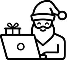 Old Santa Claus in hat holds gift box while using laptop at workshop home table on Merry Christmas Eve symbolizing ecommerce website for Christmas holiday online shopping and e com vector