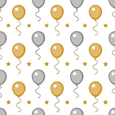 New Year seamless pattern with gold and silver balloons streamers and confetti for a glamorous holiday celebration