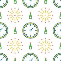 New Year seamless pattern with clocks fireworks and champagne bottles to mark the countdown to the New Year vector