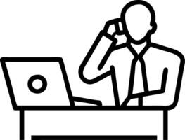 Mature CEO in blue suit sits in office using cellphone solutions working at desk with laptop and smartphone vector