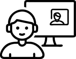 Male student wears headphones takes online course training watches webinar attends remote seminar participates in university class engages in virtual learning interacts with web te vector